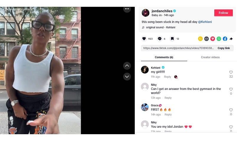Screenshot of Jordan Chiles' TikTok post featuring Kehlani's comments | Source: TikTok/@jordanchiles